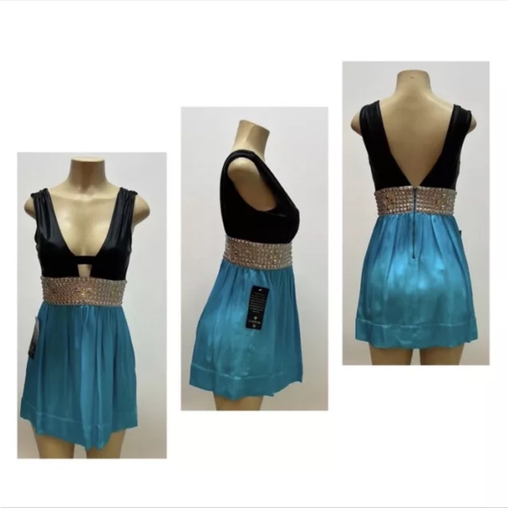BEBE Brody Silk Embellished Colorblock Dress